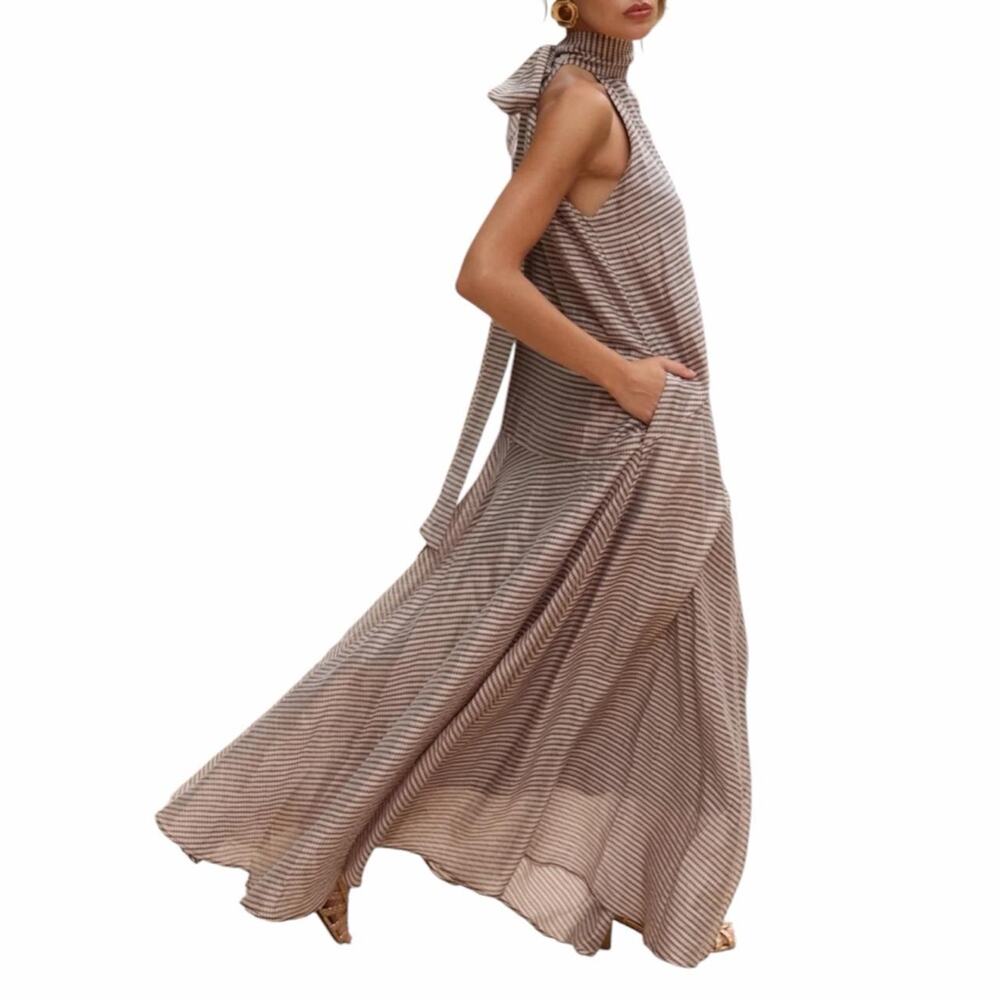 NWT Zandra Stone Victoria Halter Dress brown and beige plaid maxi dress in XS